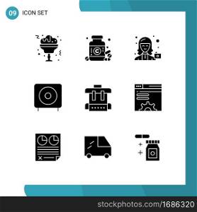 Editable Vector Line Pack of 9 Simple Solid Glyphs of bag, products, camera, electronics, bass Editable Vector Design Elements