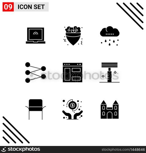Editable Vector Line Pack of 9 Simple Solid Glyphs of beauty, webpage, rainy, internet, space Editable Vector Design Elements