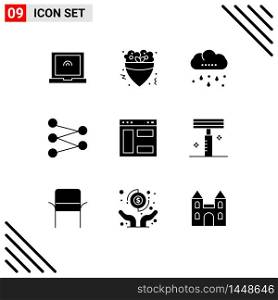 Editable Vector Line Pack of 9 Simple Solid Glyphs of beauty, webpage, rainy, internet, space Editable Vector Design Elements