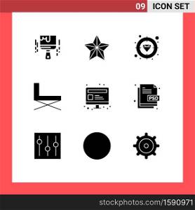 Editable Vector Line Pack of 9 Simple Solid Glyphs of computer, rest, diamond, interior, chair Editable Vector Design Elements