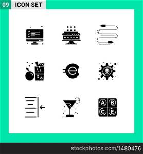 Editable Vector Line Pack of 9 Simple Solid Glyphs of e coin, juice, audio, fruit, wire Editable Vector Design Elements