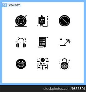 Editable Vector Line Pack of 9 Simple Solid Glyphs of gdpr, consent, deny, headset, headphone Editable Vector Design Elements
