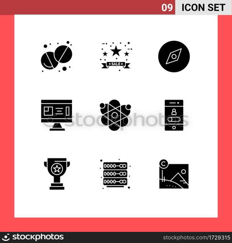 Editable Vector Line Pack of 9 Simple Solid Glyphs of genetic, atom, map, planning, construction Editable Vector Design Elements