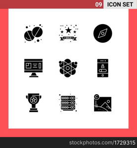 Editable Vector Line Pack of 9 Simple Solid Glyphs of genetic, atom, map, planning, construction Editable Vector Design Elements
