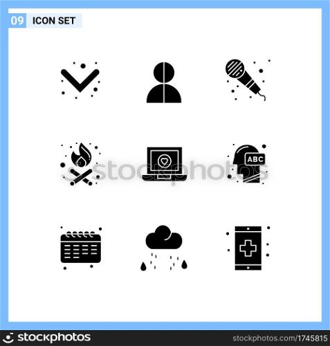 Editable Vector Line Pack of 9 Simple Solid Glyphs of love, laptop, audio, computer, fire Editable Vector Design Elements