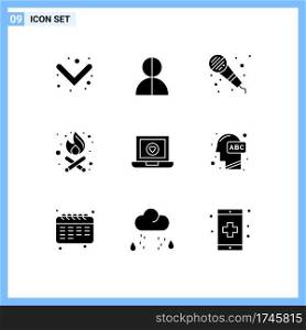 Editable Vector Line Pack of 9 Simple Solid Glyphs of love, laptop, audio, computer, fire Editable Vector Design Elements