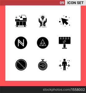 Editable Vector Line Pack of 9 Simple Solid Glyphs of sign, magic, hands, cryptocurrency, blockchain Editable Vector Design Elements