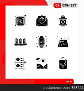 Editable Vector Line Pack of 9 Simple Solid Glyphs of tube, lamp, mail, analog, station Editable Vector Design Elements