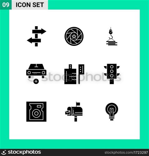 Editable Vector Line Pack of 9 Simple Solid Glyphs of vehicles, more, crane, car, hook Editable Vector Design Elements