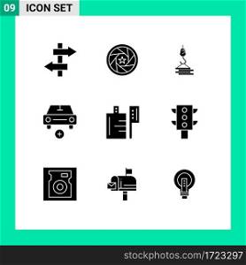 Editable Vector Line Pack of 9 Simple Solid Glyphs of vehicles, more, crane, car, hook Editable Vector Design Elements