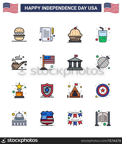 Editable Vector Line Pack of USA Day 16 Simple Flat Filled Lines of smoke; cola; dessert; summer; glass Editable USA Day Vector Design Elements