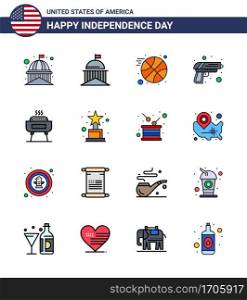 Editable Vector Line Pack of USA Day 16 Simple Flat Filled Lines of barbeque; army; ireland; security; sports Editable USA Day Vector Design Elements