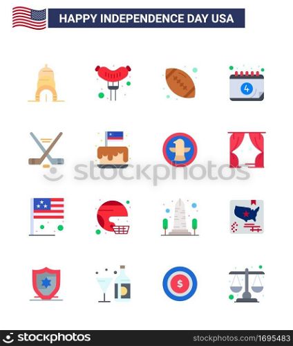 Editable Vector Line Pack of USA Day 16 Simple Flats of american; ice sport; sports; hokey; date Editable USA Day Vector Design Elements