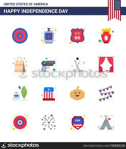 Editable Vector Line Pack of USA Day 16 Simple Flats of bag; fries; liquid; french fries; american Editable USA Day Vector Design Elements