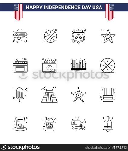 Editable Vector Line Pack of USA Day 16 Simple Lines of film; cinema; security; usa; american Editable USA Day Vector Design Elements