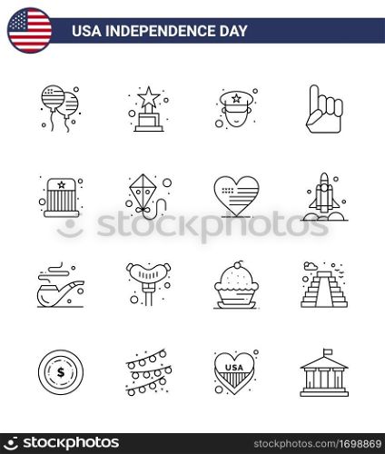 Editable Vector Line Pack of USA Day 16 Simple Lines of hat; entertainment; officer; circus; usa Editable USA Day Vector Design Elements