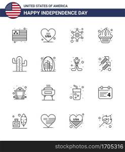 Editable Vector Line Pack of USA Day 16 Simple Lines of plent  cactus  police  cake  muffin Editable USA Day Vector Design Elements