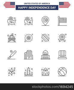 Editable Vector Line Pack of USA Day 16 Simple Lines of white; landmark; sign; house; usa Editable USA Day Vector Design Elements