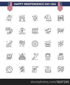 Editable Vector Line Pack of USA Day 25 Simple Lines of day; doors; bbq; bar; eagle Editable USA Day Vector Design Elements