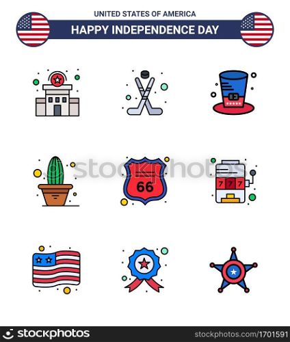 Editable Vector Line Pack of USA Day 9 Simple Flat Filled Lines of shield; pot; day; plant; cactus Editable USA Day Vector Design Elements