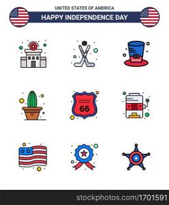 Editable Vector Line Pack of USA Day 9 Simple Flat Filled Lines of shield; pot; day; plant; cactus Editable USA Day Vector Design Elements