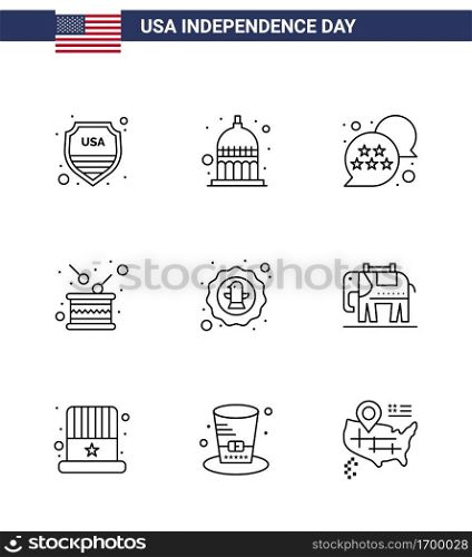 Editable Vector Line Pack of USA Day 9 Simple Lines of american; independence; flag; holiday; day Editable USA Day Vector Design Elements