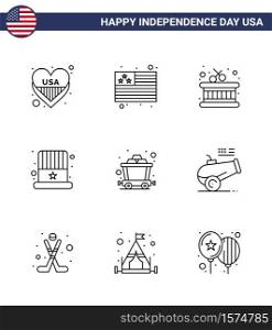 Editable Vector Line Pack of USA Day 9 Simple Lines of big gun; mine; instrument; cart; hat Editable USA Day Vector Design Elements