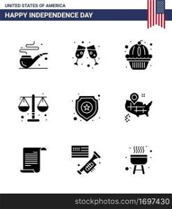 Editable Vector Line Pack of USA Day 9 Simple Solid Glyphs of sign; police; states; shield; law Editable USA Day Vector Design Elements