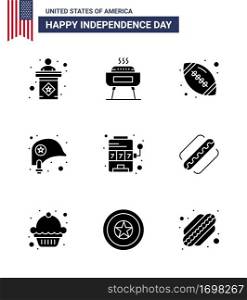 Editable Vector Line Pack of USA Day 9 Simple Solid Glyphs of machine; star; ball; protection; head Editable USA Day Vector Design Elements