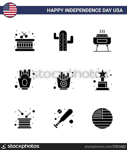 Editable Vector Line Pack of USA Day 9 Simple Solid Glyphs of fries; fast; celebration; food; french fries Editable USA Day Vector Design Elements