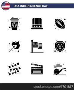 Editable Vector Line Pack of USA Day 9 Simple Solid Glyphs of thanksgiving; american; rugby; outdoor; fire Editable USA Day Vector Design Elements