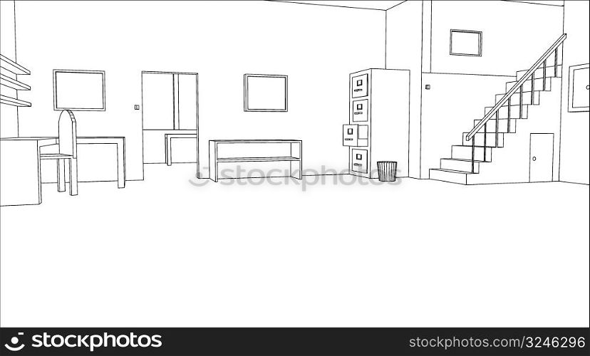 Editable vector outline sketch of an empty office interior