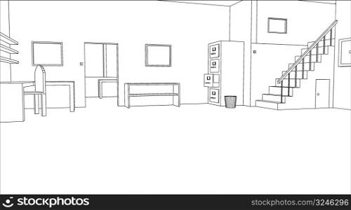 Editable vector outline sketch of an empty office interior
