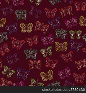 Editable vector seamless pattern with colorful gradient butterflies on a background of dark cherry color. Seamless pattern with gradient butterflies
