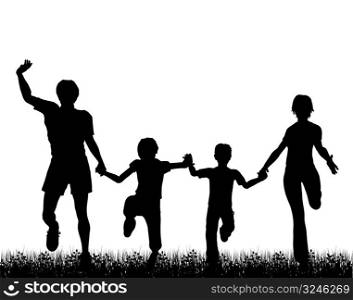 Editable vector silhouette of a happy family running through grass with each figure a separate object