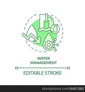Editable water management green icon concept, isolated vector, sustainable office thin line illustration.. 2D customizable water management line icon concept