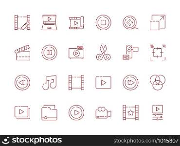 Editing video. Digital film production audio camera multimedia tools vector outline symbols isolate. Illustration of production media and video multimedia. Editing video. Digital film production audio camera multimedia tools vector outline symbols isolate