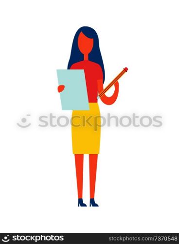 Editor holding article written on page and big pencil in hands, brunette woman doing correction of publication work, isolated on vector illustration. Editor Holding Article Pencil Vector Illustration