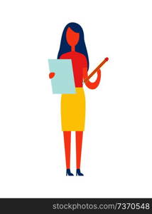 Editor holding article written on page and big pencil in hands, brunette woman doing correction of publication work, isolated on vector illustration. Editor Holding Article Pencil Vector Illustration