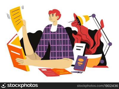 Editor or journalist working on article or text for blog. Male character sitting by table with books and publications, making notes and brainstorming. Workplace of specialist. Vector in flat style. Copywriter working on article editor or journalist