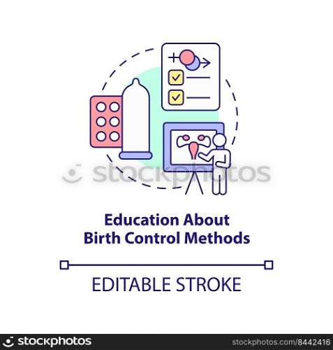 Education about birth control methods concept icon. Solution to overpopulation abstract idea thin line illustration. Isolated outline drawing. Editable stroke. Arial, Myriad Pro-Bold fonts used. Education about birth control methods concept icon