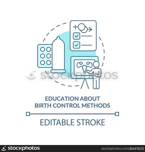 Education about birth control methods turquoise concept icon. Overpopulation abstract idea thin line illustration. Isolated outline drawing. Editable stroke. Arial, Myriad Pro-Bold fonts used. Education about birth control methods turquoise concept icon