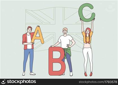 Education and English language lesson concept. Young smiling students cartoon characters standing holding english letters in hands vector illustration . Education and English language lesson concept