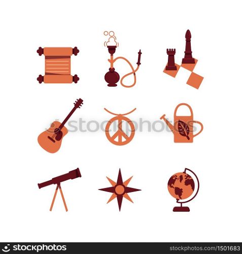 Education and hobby flat color vector objects set. Scroll and chess wisdom symbols. Telescope and globe for astronomy and geography learning. 2D isolated cartoon illustrations on white background. Education and hobby flat color vector objects set