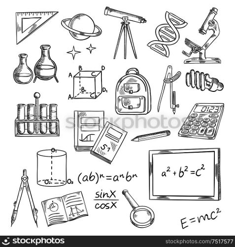Education and knowledge themed sketch symbols of blackboard with formulas, books and notebooks, pen and ruler, calculator, microscope and telescope, laboratory tubes and flasks, DNA and planet with stars, backpack and light bulb, magnifier and compasses. Education icons with school supplies and equipment