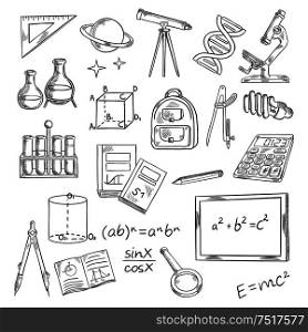 Education and knowledge themed sketch symbols of blackboard with formulas, books and notebooks, pen and ruler, calculator, microscope and telescope, laboratory tubes and flasks, DNA and planet with stars, backpack and light bulb, magnifier and compasses. Education icons with school supplies and equipment