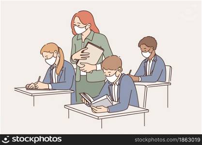 Education and learning during quarantine concept. Group of pupils and young woman teacher in protective medical masks during lesson in classroom vector illustration . Education and learning during quarantine concept