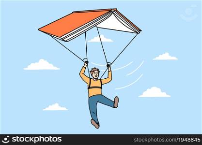 Education and learning information concept. Positive boy pupil paragliding on huge book flying on sky vector illustration. Education and learning information concept