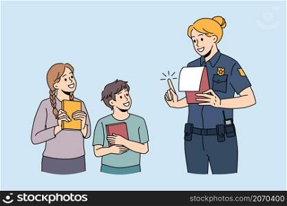 Education and learning police concept. Smiling children standing with notebooks and looking at policewoman telling them rules and teaching vector illustration . Education and learning police concept.