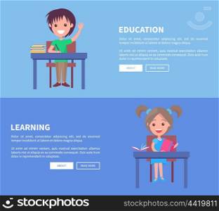Education and Learning Set of Horizontal Posters. Education and Learning set of two vector images depicting kids both sitting at desks, smiling and studying with books and with places for text.